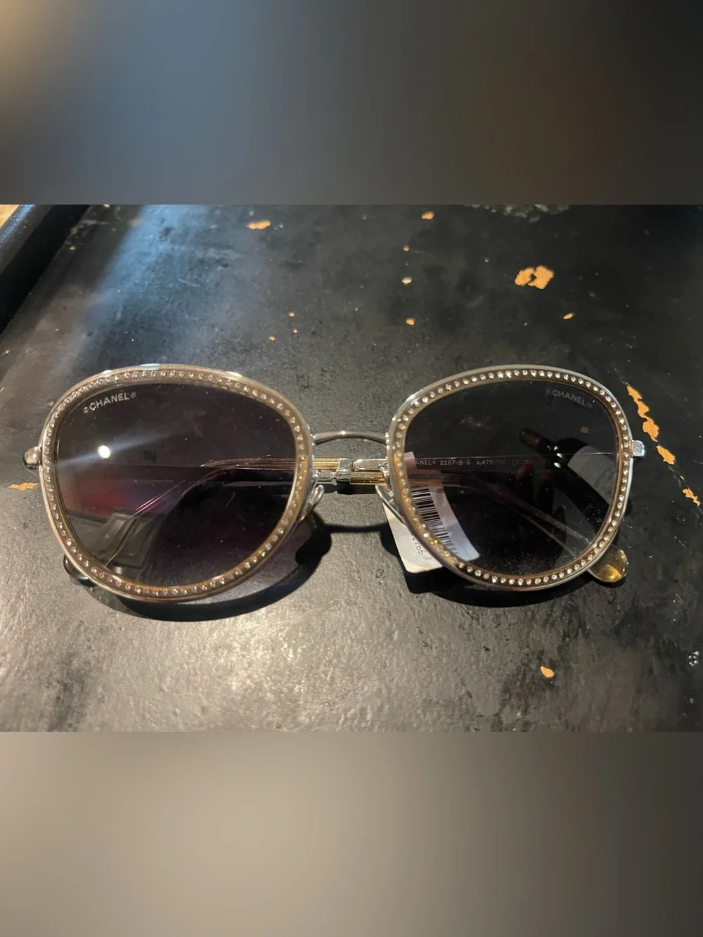 CHANEL Round Crystal-Trim Sunglasses in Black and Gold